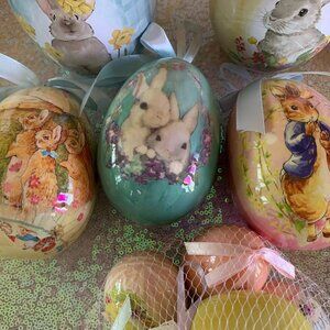 3 Plastic Easter Egg Ornaments with blue ribbon for hanging